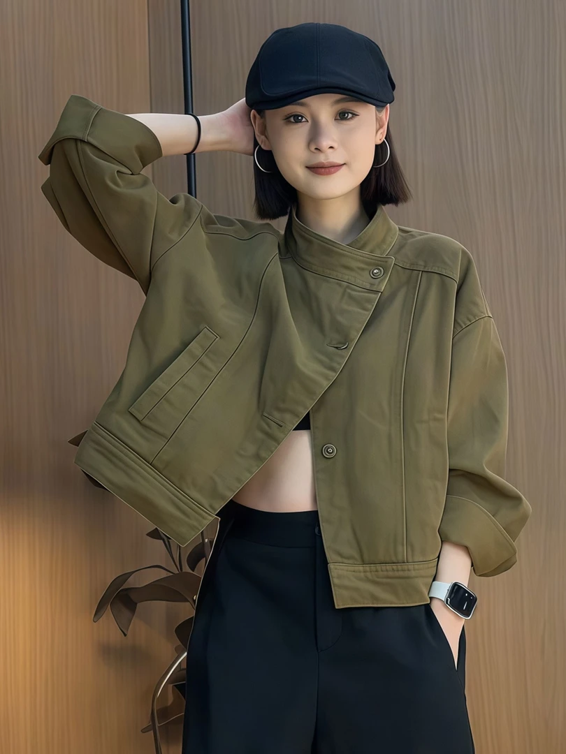 2025春秋季新款韩系复古宽松立领工装棒球服女小众休闲短款小外套