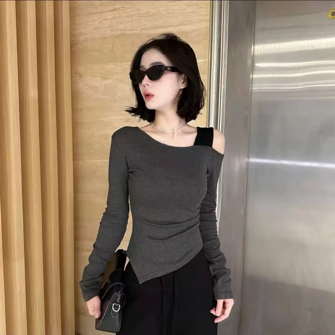 2025早秋新款辣妹设计感修身显瘦露肩长袖T恤百搭上衣打底衫内搭