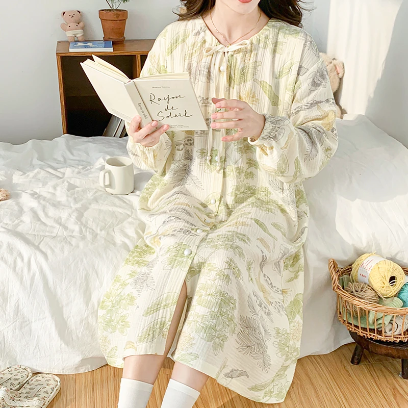 纯棉纱布夏季薄款月子服女春秋孕妇哺乳睡衣产后家居裙长裙月子裙