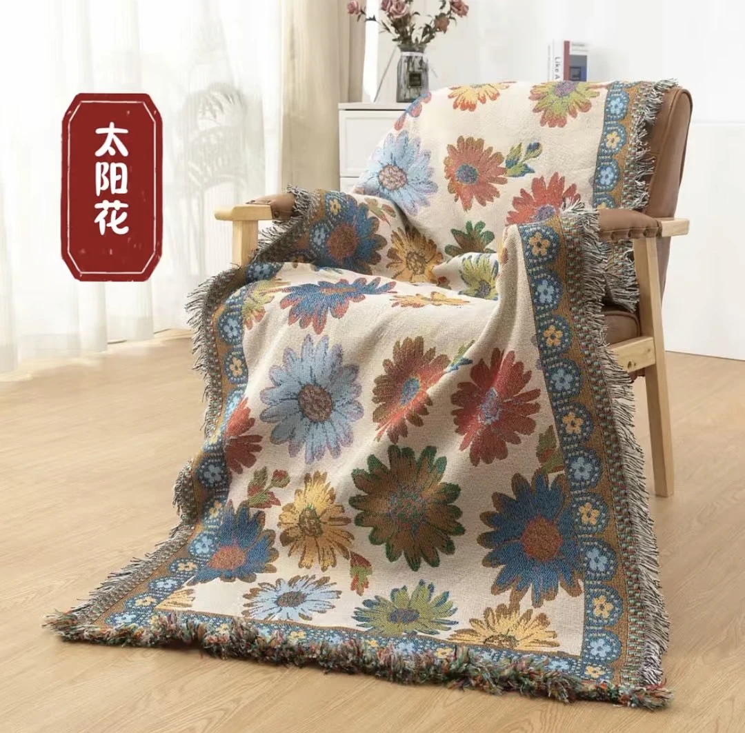 加厚80*180 cm棉麻沙发巾  加厚加大  流苏毯 太阳花