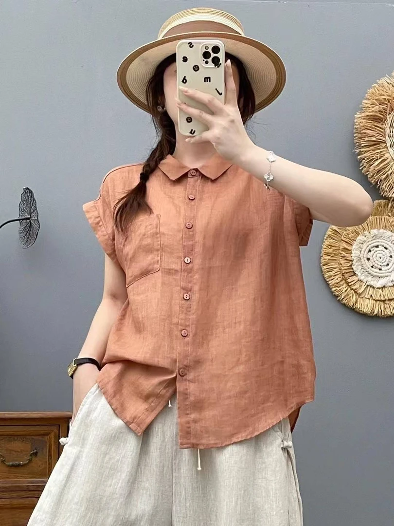 【苎麻衬衫】夏季纯苎麻翻领设计衬衫女薄款休闲百搭