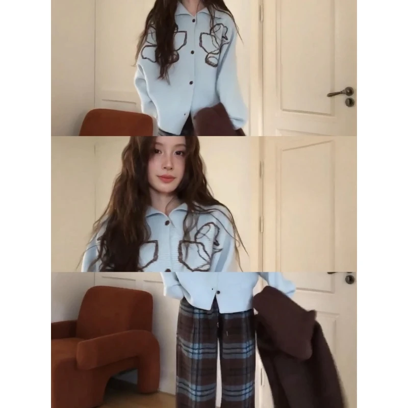 MARIE.COCO新款韩系费尔岛针织衫羊毛上衣搭格纹宽松休闲裤慵懒装