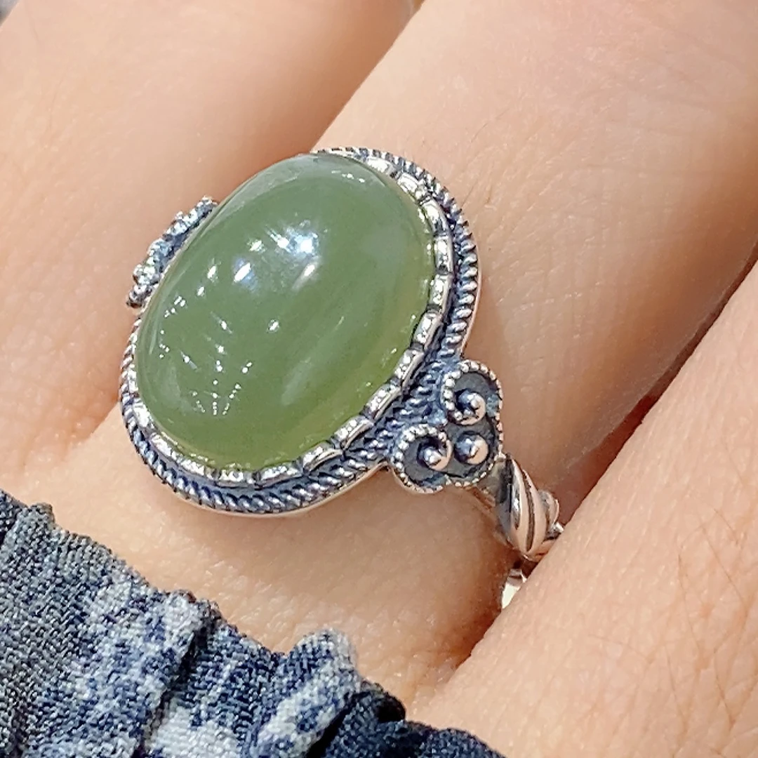 新款复古如意大椭圆青玉戒指