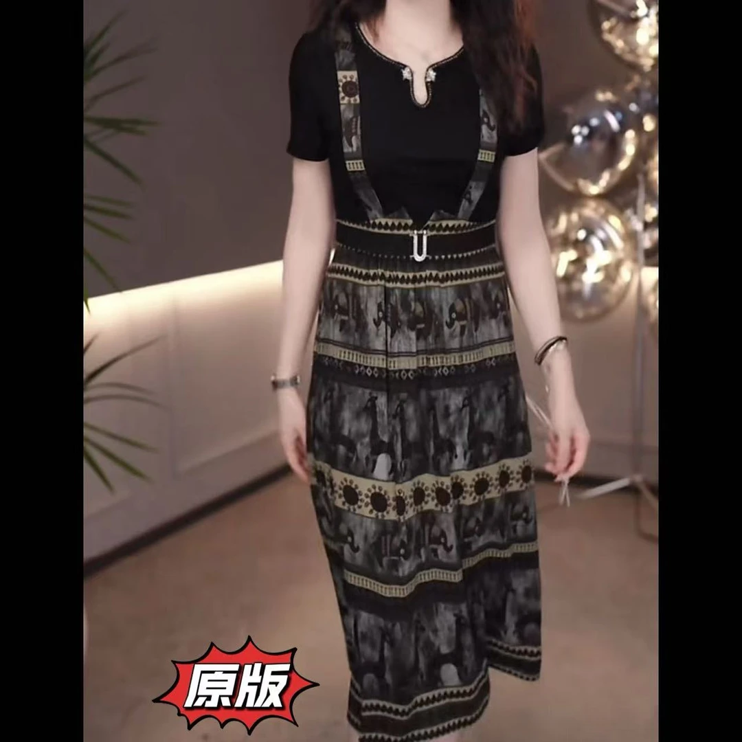 高档冰丝缎时尚假两件连衣裙2025夏季新款显瘦洋气轻奢减龄礼服裙