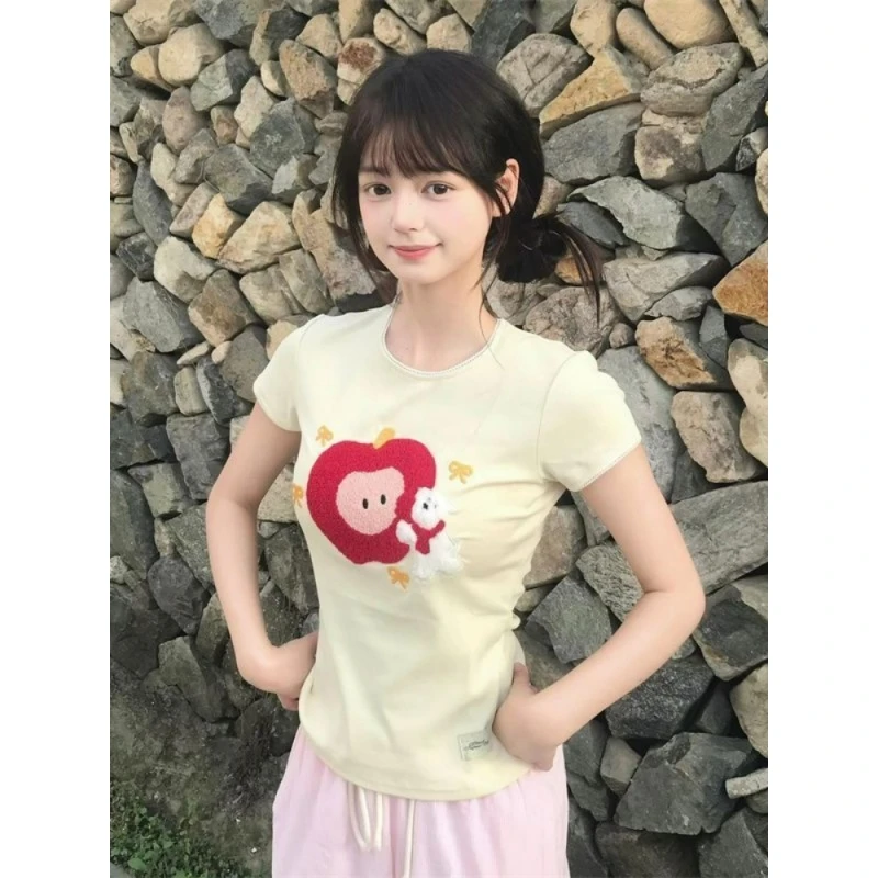 可爱卡通毛巾绣正肩短款短袖T恤女夏季辣妹修身显瘦纯棉小上衣潮