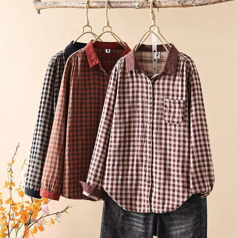新款春季大码长袖休闲百搭格子衬衫文艺复古宽松显瘦衬衣女353