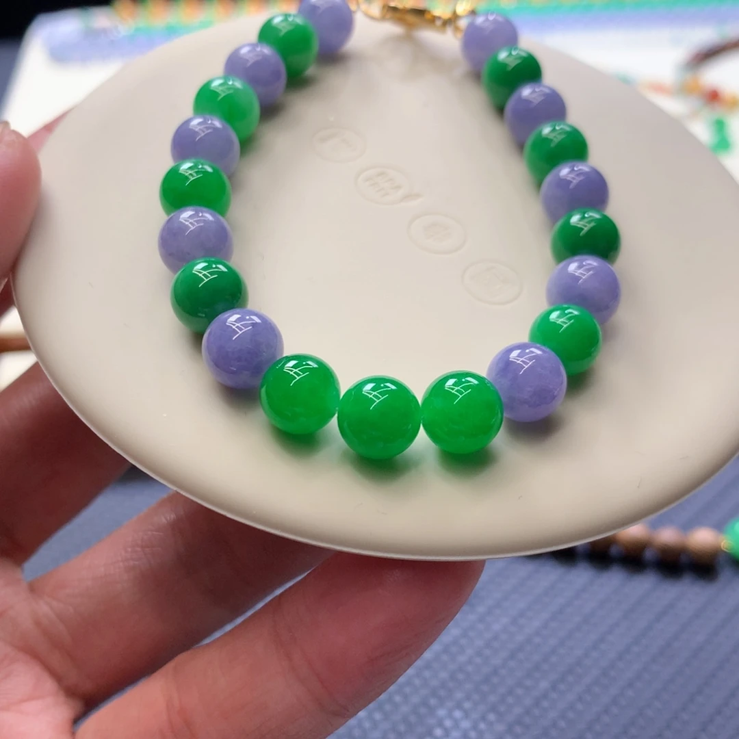 定制翡翠未镶嵌7.9mm浓阳绿浓紫手串