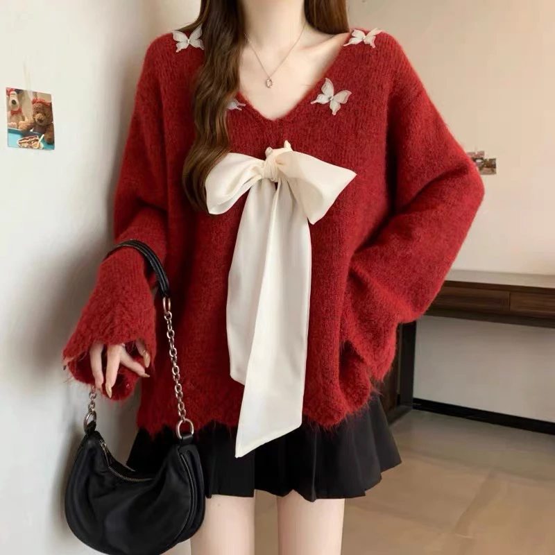 V领蝴蝶结系带红色毛衣女秋冬宽松慵懒风超好看加厚软糯针织上衣