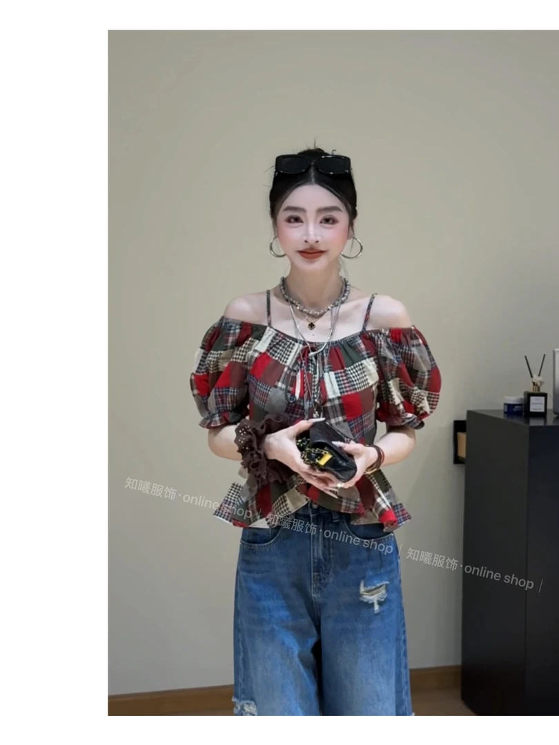 【酒心玫瑰】韩版高级感洋气甜美显瘦露肩泡泡袖绑带格子上衣266