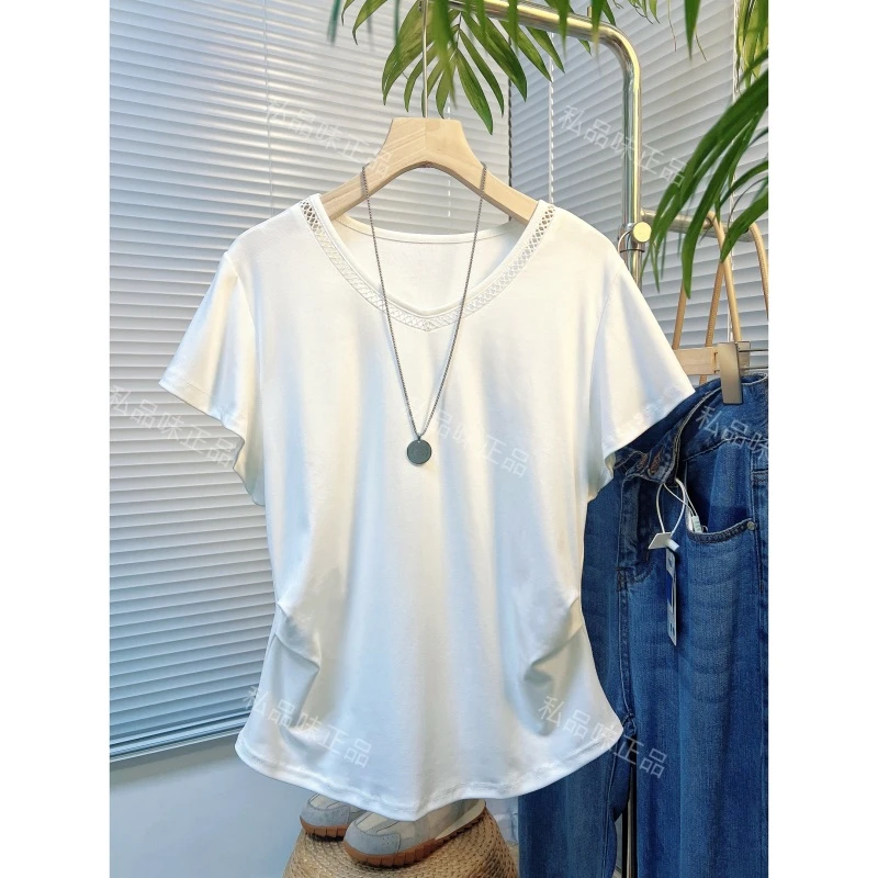私品味夏季女士t恤短袖衫女款爆款2025新款白色修身v领上衣T5996