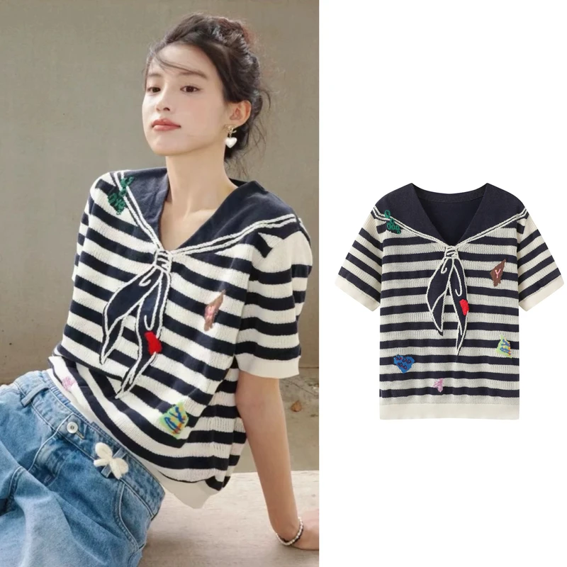 更自由贴布条纹海军领蝴蝶结短袖针织衫T恤
