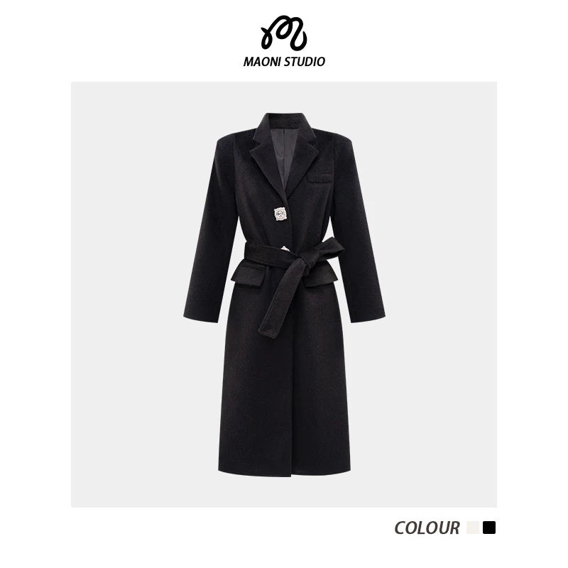 毛妮LADIESFIRST 毛呢长款大衣女冬季重工水扣收腰毛呢外套L2531