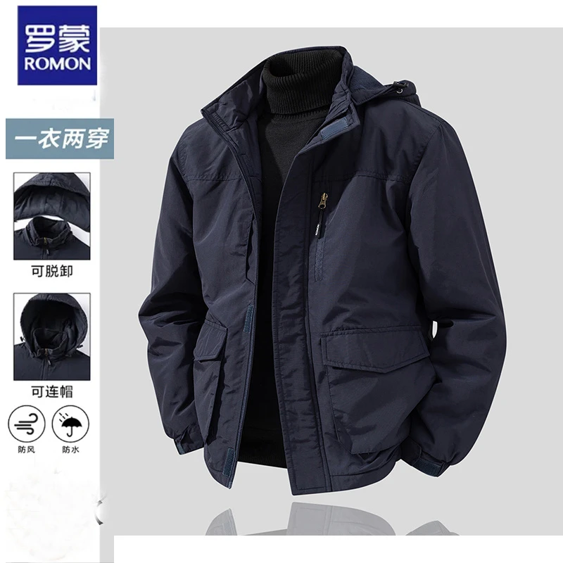 罗蒙男士夹克春秋季时尚休闲可脱卸帽户外爸爸装防水防风棉服外套