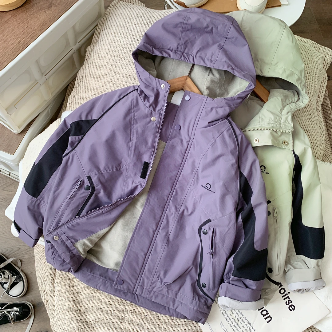 男童连帽外套2025冬季新款儿童拼色插肩加绒上衣宝宝户外防风外套