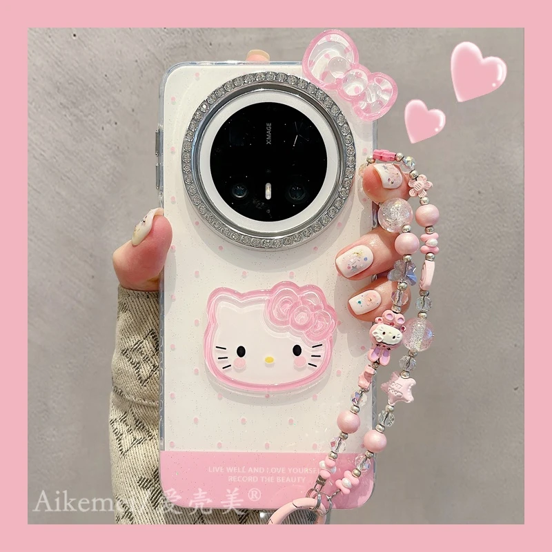 适用华为mate70pro+手机壳水钻镜框Mate60pro+波立体蝴蝶结KT猫女