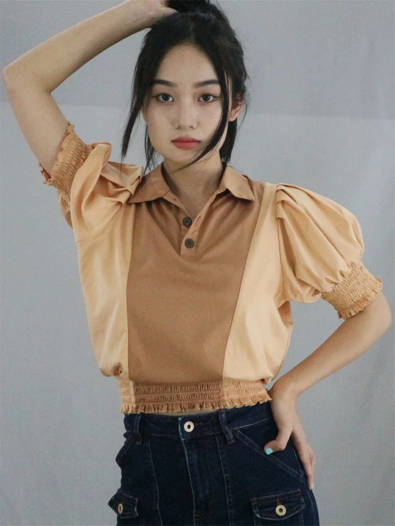 荧云纪原创设计短袖纯色休闲风泡泡袖学院风T恤小众百搭短款上衣