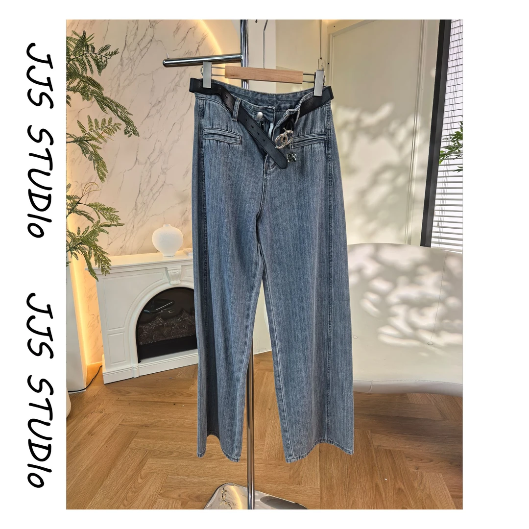 5070110『米轨蓝』2025休闲拼接时尚百搭阔腿直筒潮流水洗牛仔裤