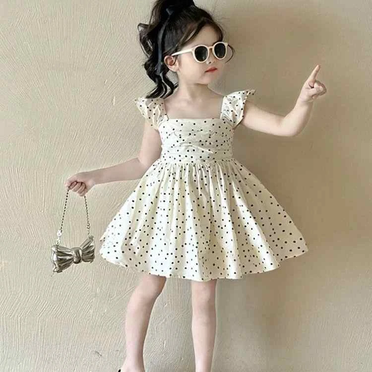 韩版女童2025夏季新款杏色波点小飞袖连衣裙小女孩收腰大摆公主裙