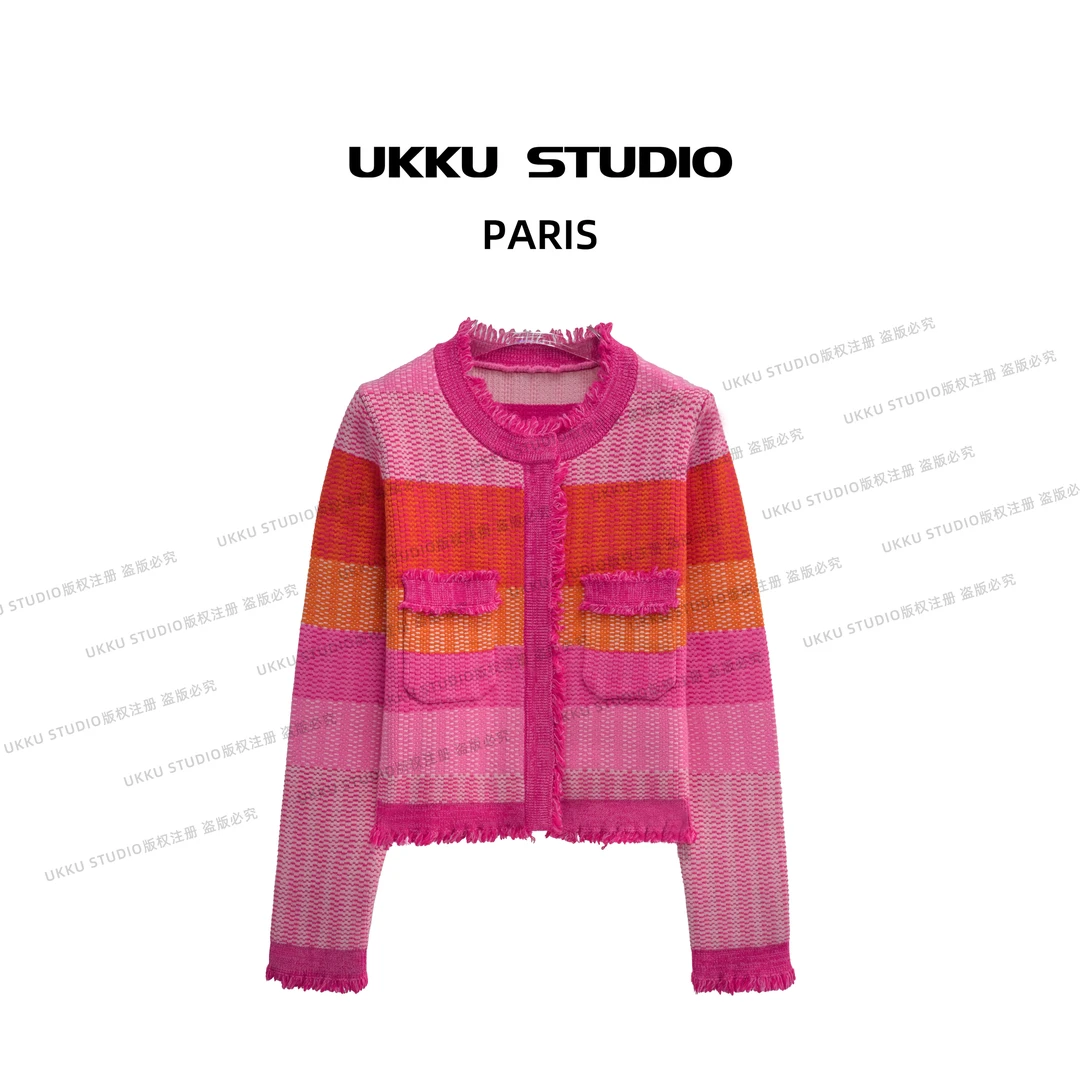 呦呦【UKKUSTUDIO】休闲设计师百搭时尚小香风拼色针织开衫313443