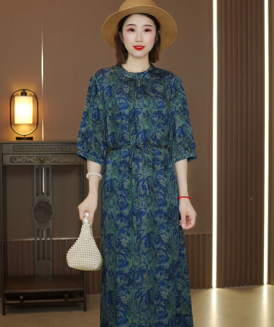 【蓝色妖姬】花罗香云纱腰带连衣裙 桑蚕丝高档复古显瘦气质连衣裙