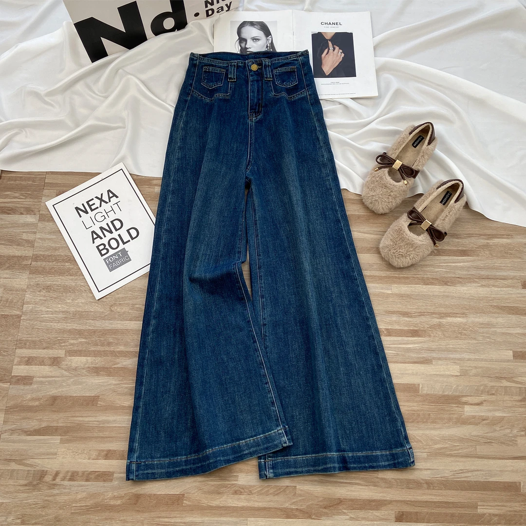 炸街B备长裤~阔腿牛仔裤女冬季2025新款高腰显瘦加绒大脚喇叭裤