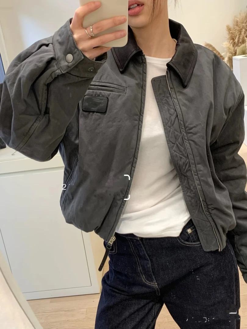 外贸AC水洗灰色拼接领口做旧感棉质复古时尚宽松休闲棉服外套