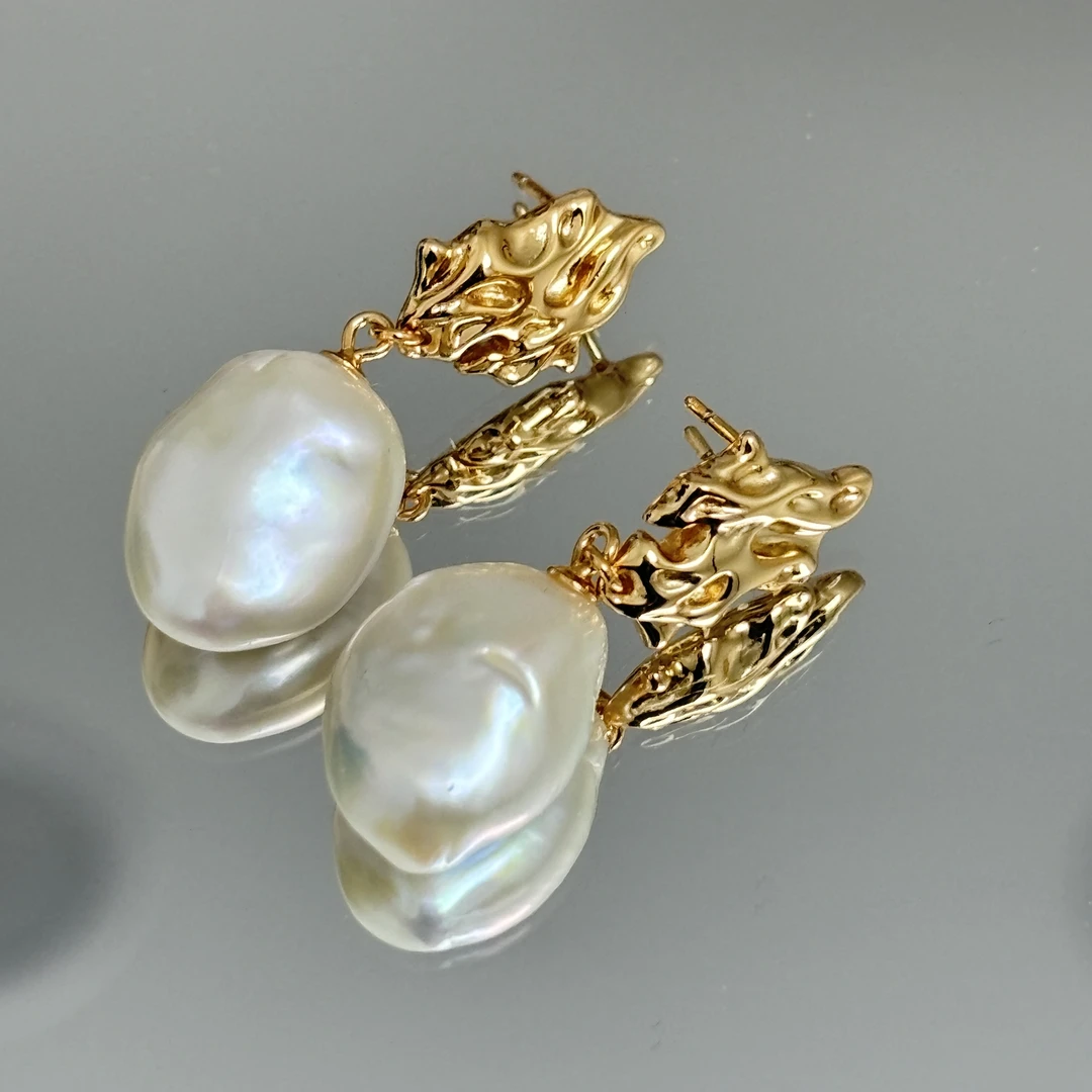 925银耳饰 复古金色巴洛克耳钉YE0095-2手工小众耳环轻奢耳坠气质