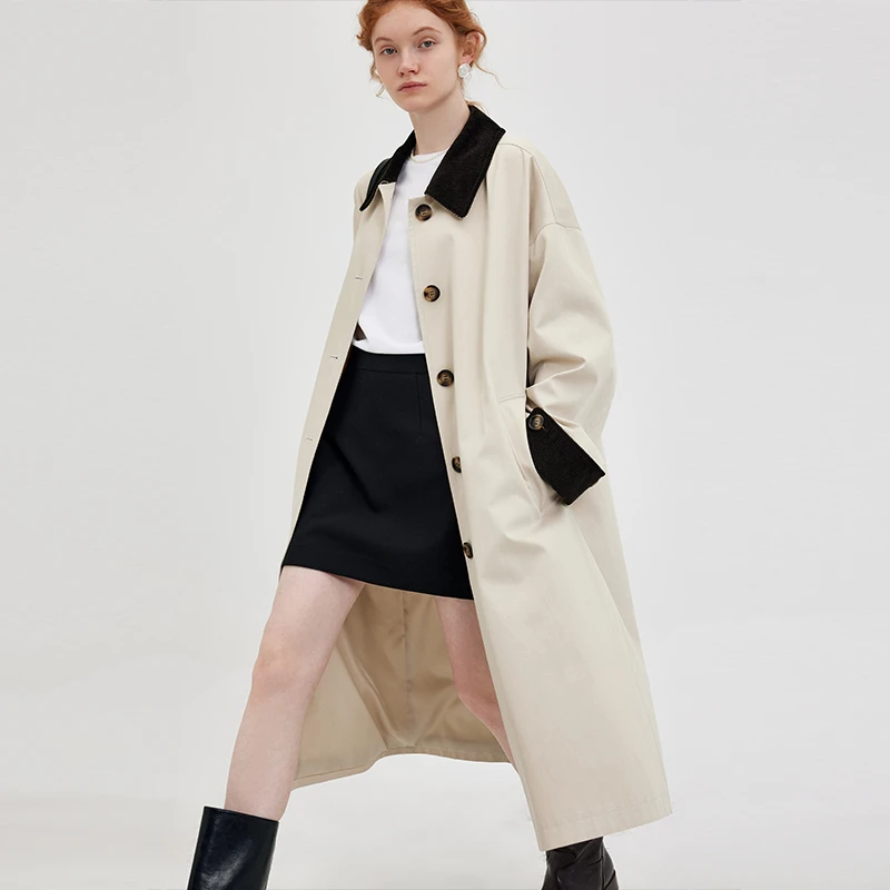 范洛 松弛感复古茶棕灯芯绒撞色翻领单排扣长风衣FQ23W042