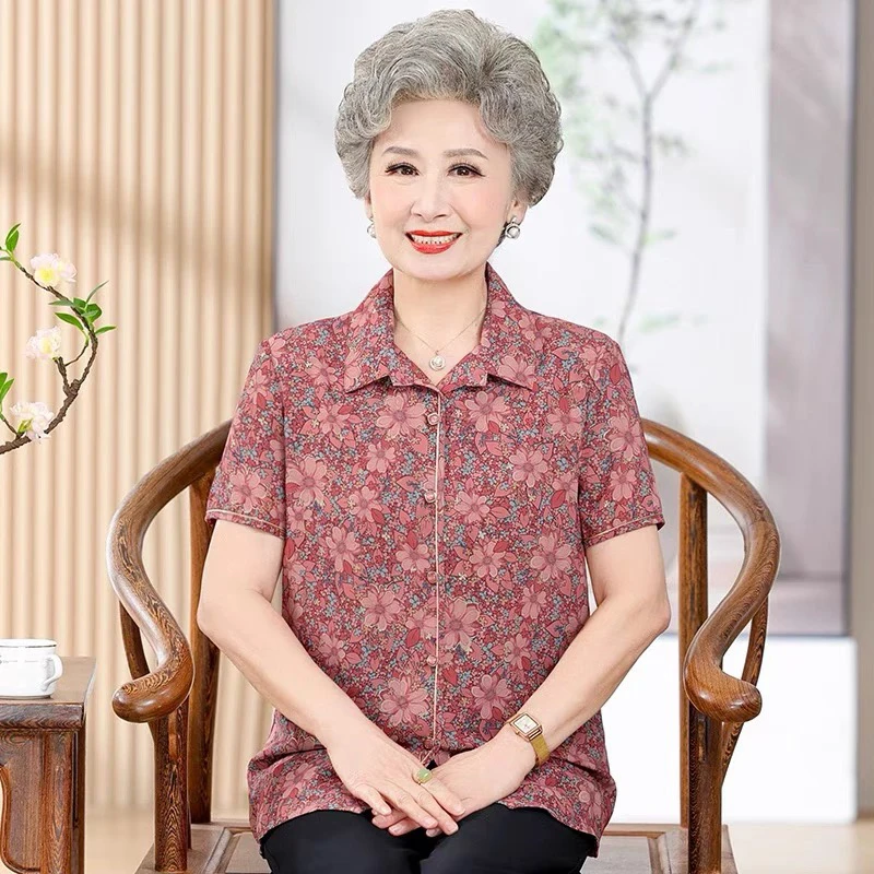 中老年人夏装女衬衫奶奶上衣老人夏天衣服妈妈短袖T恤老太秋之歌