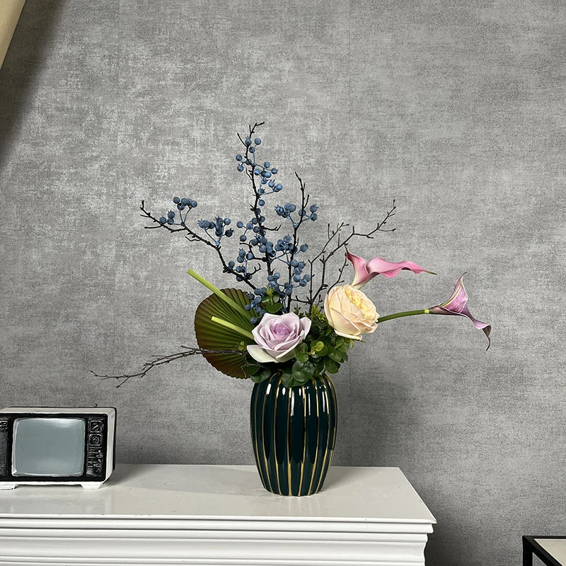 玫蓝款花艺 手感玫瑰高端仿真花插花客厅摆设假花边柜装饰花