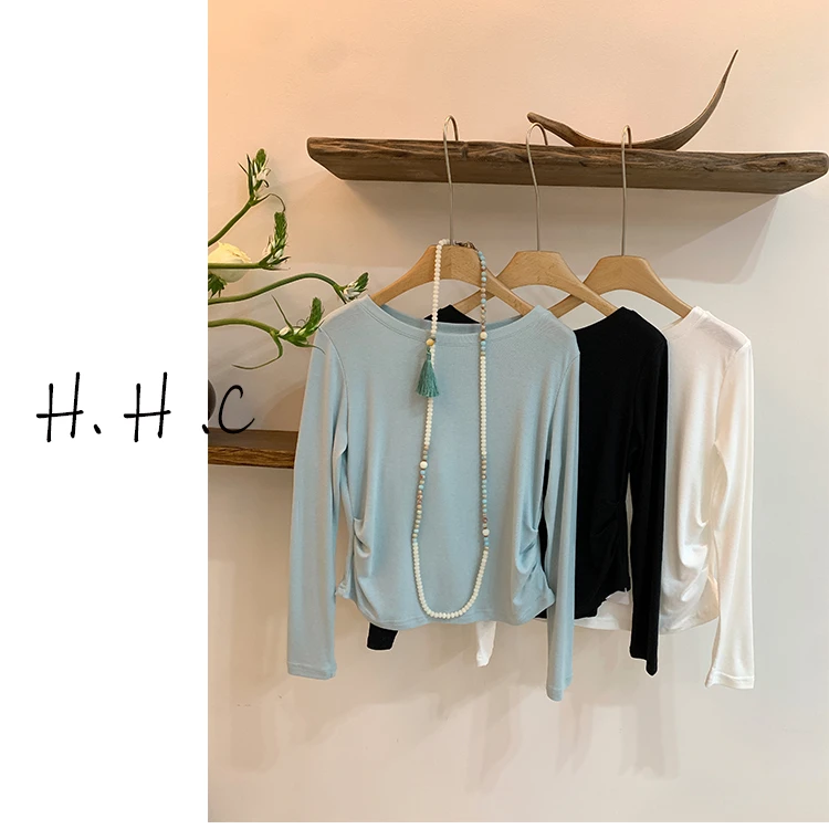 【花花菜】春季新纯色品极简风侧边褶皱显瘦套头圆领长袖T恤女