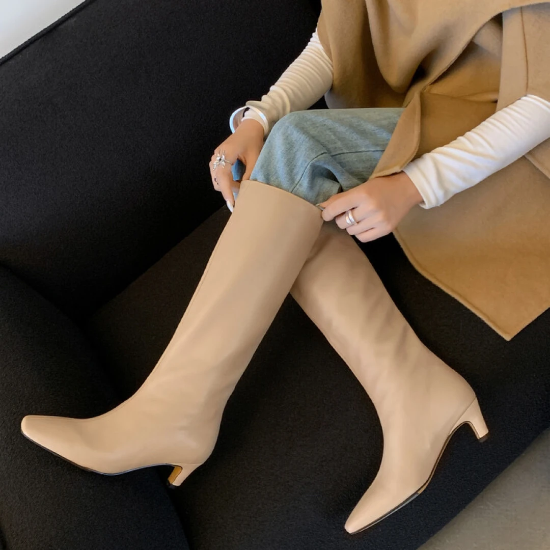 阿丽塔女鞋~5cm极简风方头猫跟长筒靴显瘦显腿直气质百搭真皮女靴