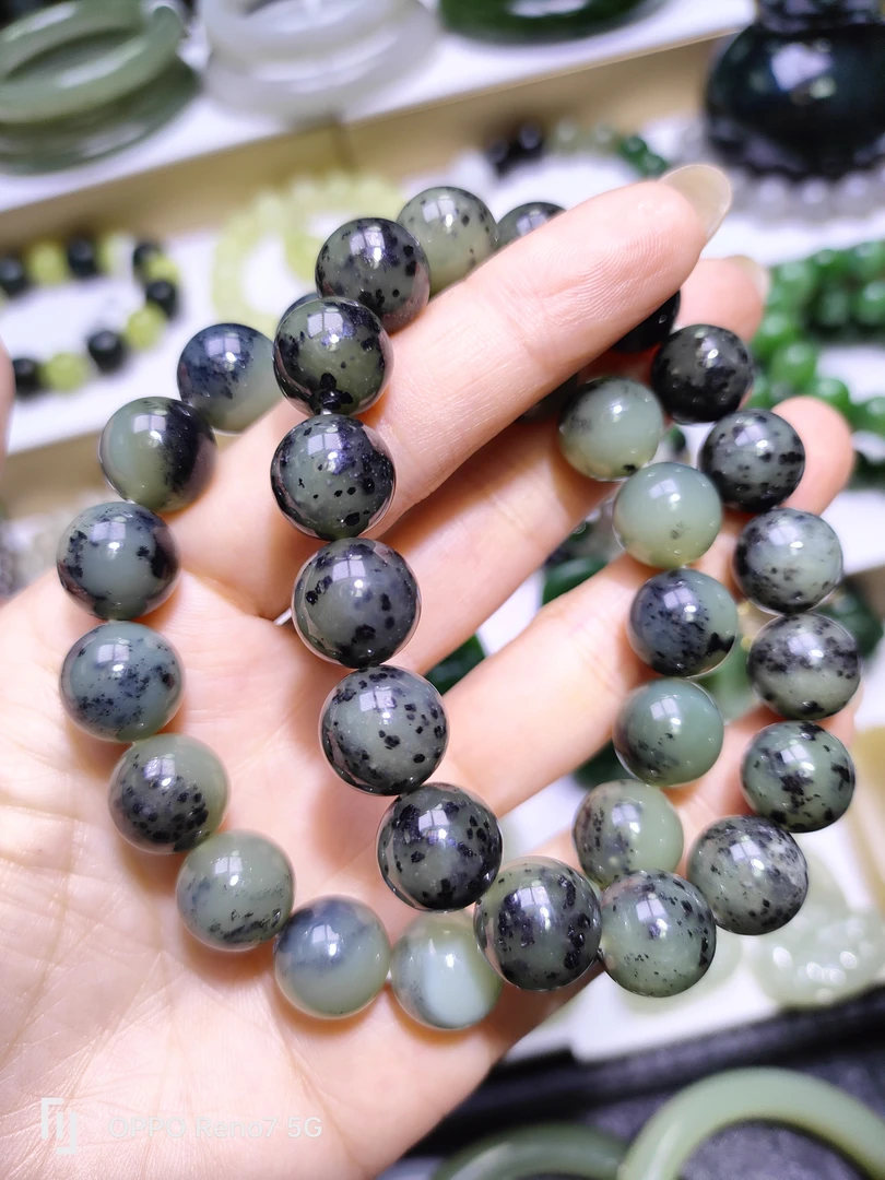 和田玉未镶嵌点墨青花手串卡12mm 多样性发一