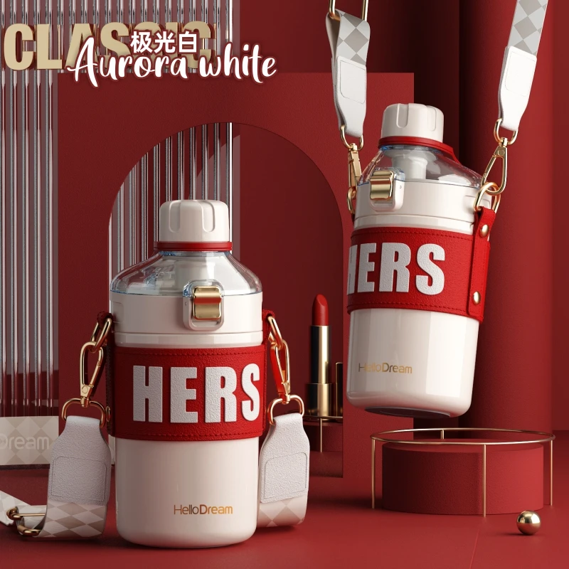 丽姐欧潮苏檬双饮保温杯高颜值316不锈钢便携斜挎杯500ML