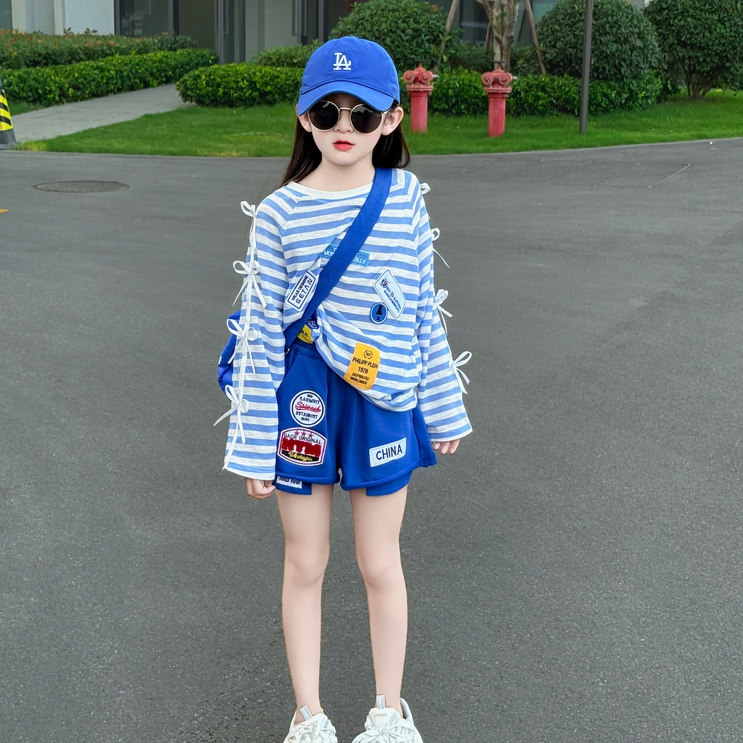 女童夏季2025新款韩版休闲条纹帖标防蚊防晒衣休闲宽松短裤套装潮