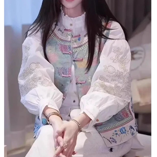 新中式国风高级感独特百搭印花马甲背心白色衬衫两件套装女2025春