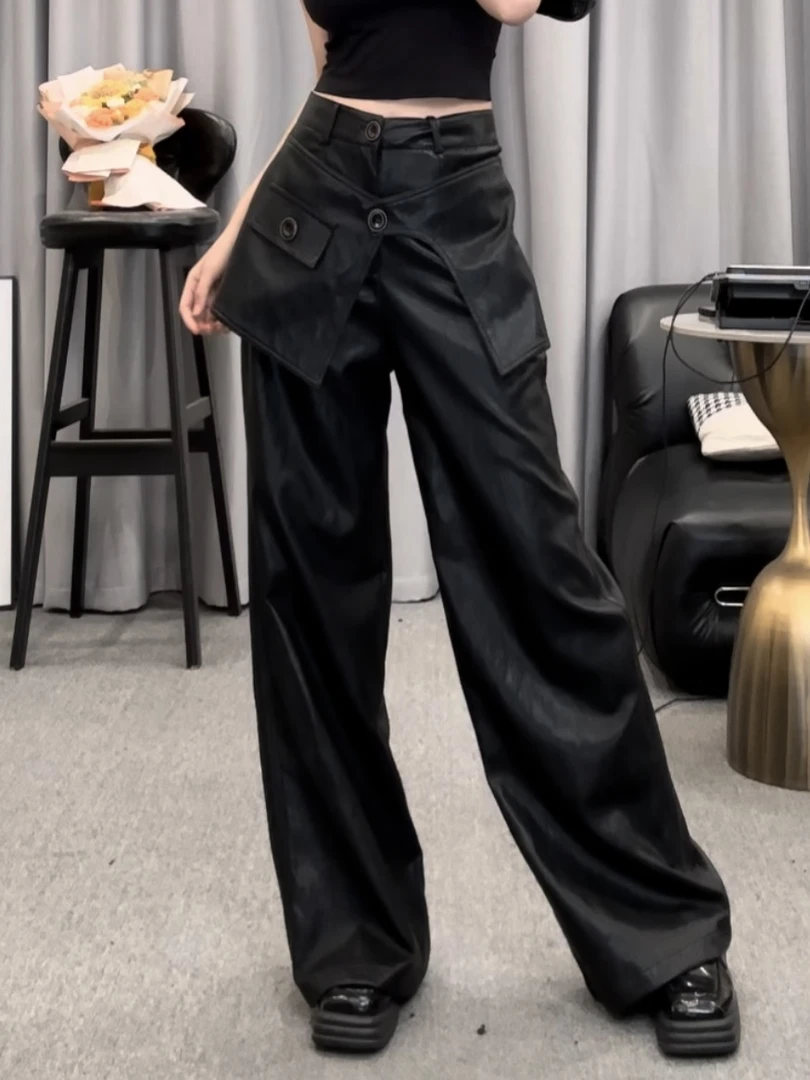 D2920秋季新款时尚休闲皮长裤拼接屁帘假两件阔腿直筒皮裤女裤
