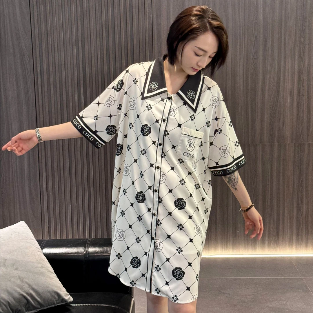 【35】黑白茶花冰丝睡衣女短袖衬衫裙女士夏季薄款可外穿-10003