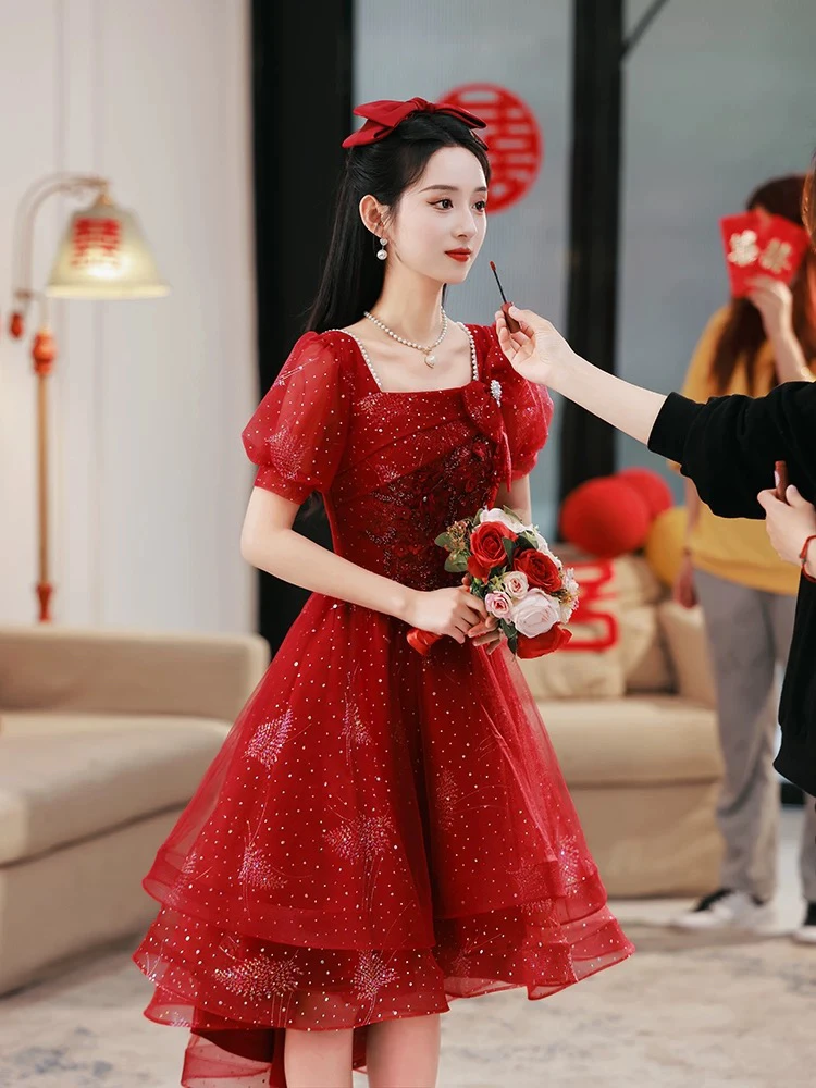 前短后长敬酒服新娘高级感轻奢小众高端结婚宴会酒红色订婚晚礼服