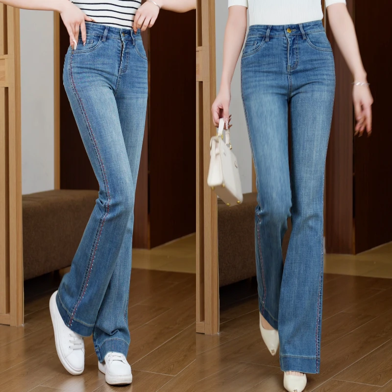 春季新款侧边刺绣烫钻微喇裤显瘦弹力高腰喇叭牛仔长裤女2385