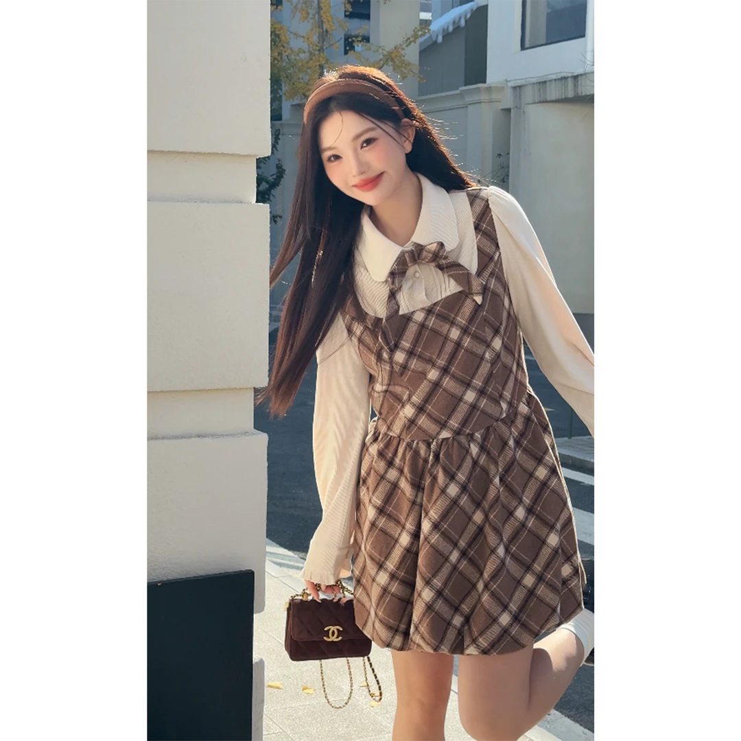 张大人【松茶可可】大码女装微胖妹妹学院风复古假两件娃娃领连衣裙