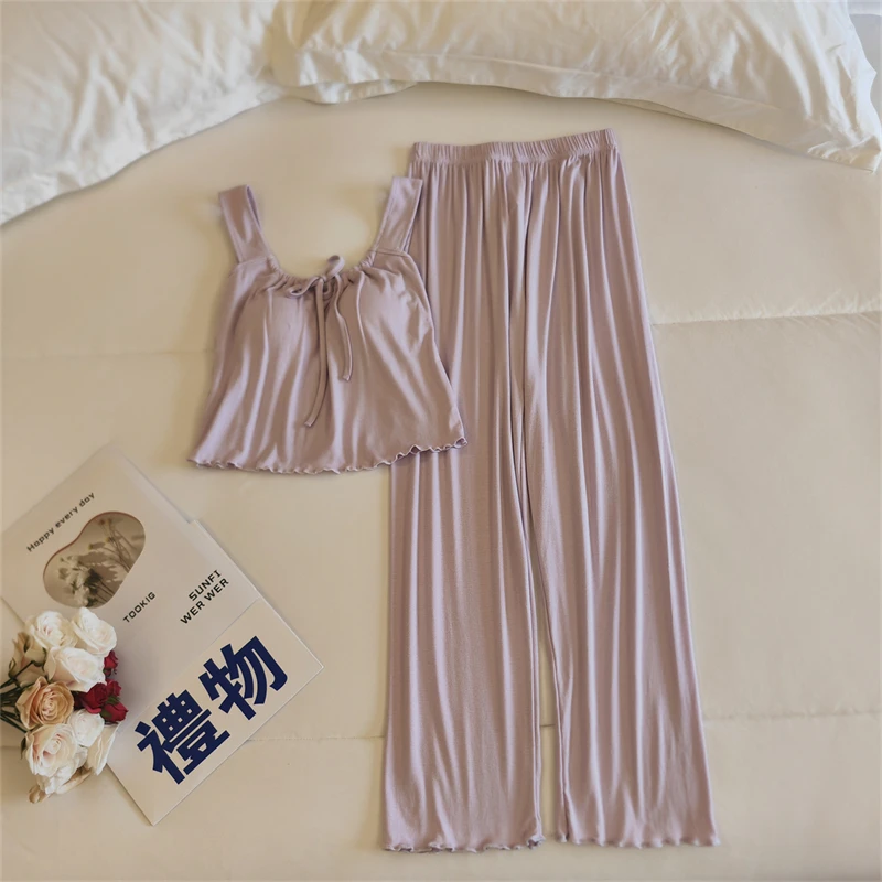 庆同新款带胸垫无袖长裤女士夏季睡衣修身甜美外穿家居服套装薄款