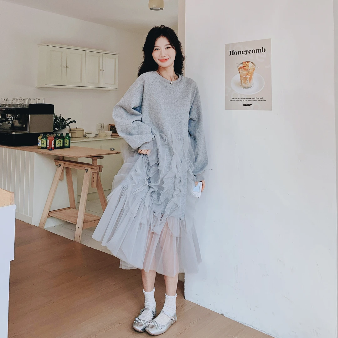 超仙网纱拼接连衣裙女2025春季新款韩系芭蕾风少女宽松减龄卫衣裙