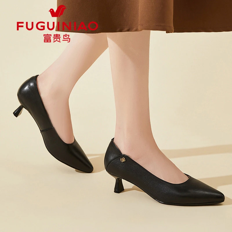 富贵鸟真皮尖头单鞋女2025新款春秋细跟上班小皮鞋浅口中跟高跟鞋