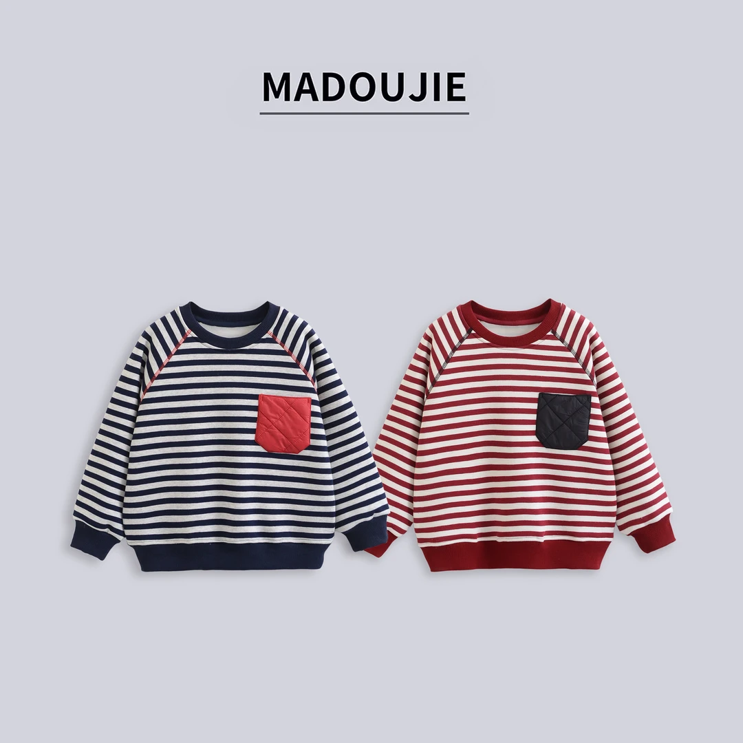 麻豆街【条纹卫衣】2025秋冬季童装加绒新款休闲立领卫衣MD533