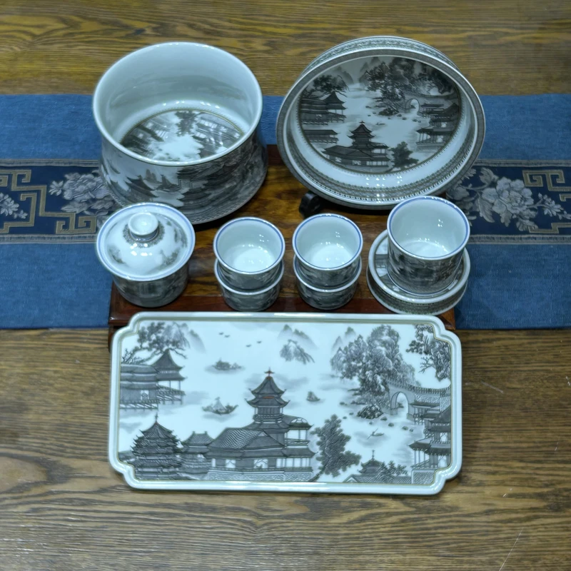 景德镇陶瓷墨彩大明宫图10套组家用高端茶具高端送礼茶器功夫茶