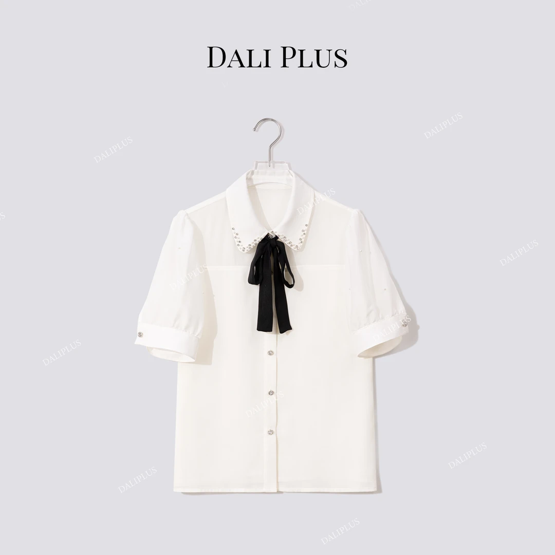 DALI PLUS白色法式衬衣拼接桑蚕丝飘带气质钉珠衬衫-D5HX0017