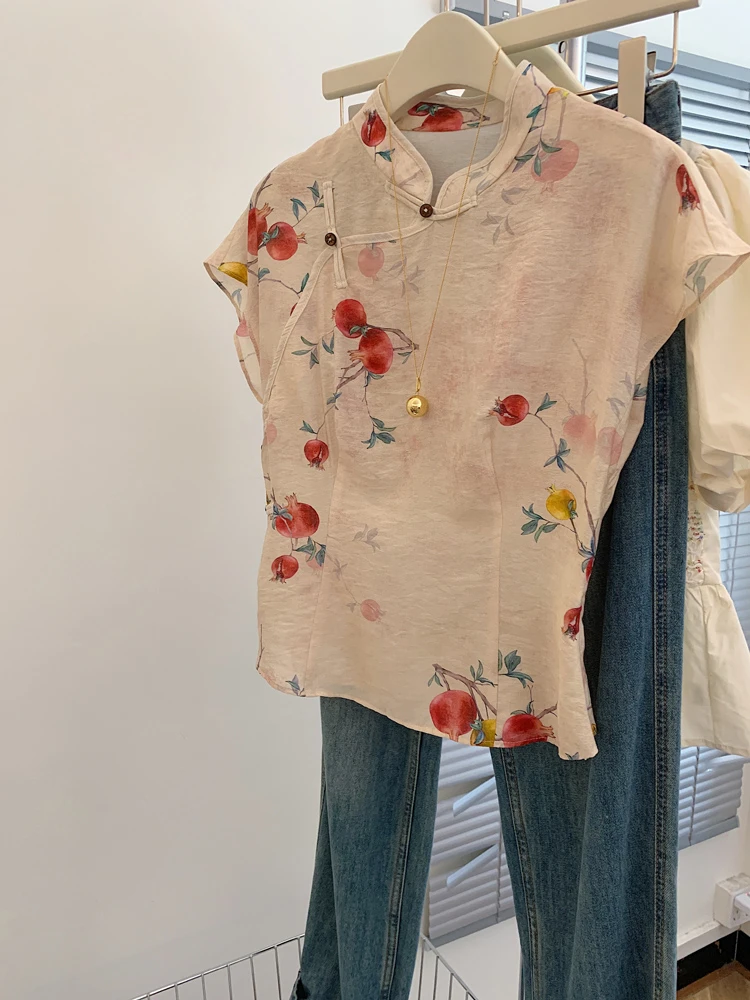 新中式国风气质碎花上衣短袖衬衫女士小个子飞袖短款独特漂亮小衫