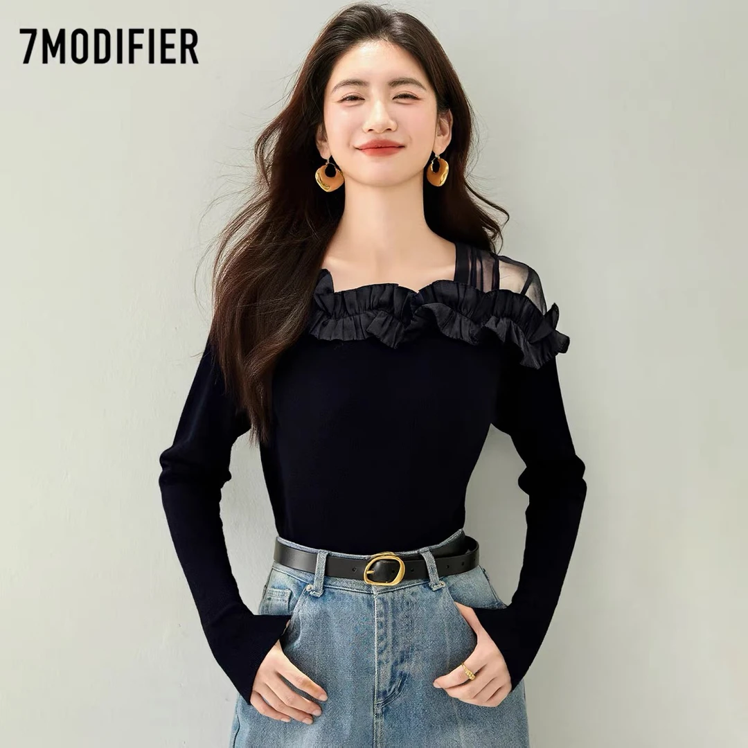 857法式网纱拼接针织衫女秋季温柔风百搭显瘦气质打底上衣