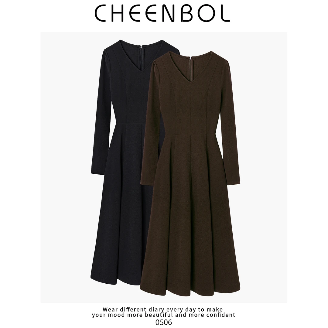 0506毛呢连衣裙女春秋v领优雅复古高定气质收腰显瘦长袖小黑裙子